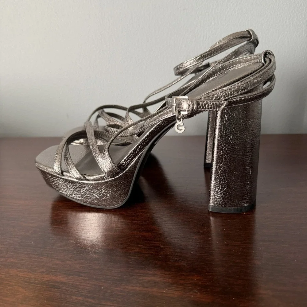 GBG Silver Open Toe Heels Anklet Chunky Dress Shoe  Size 7.5